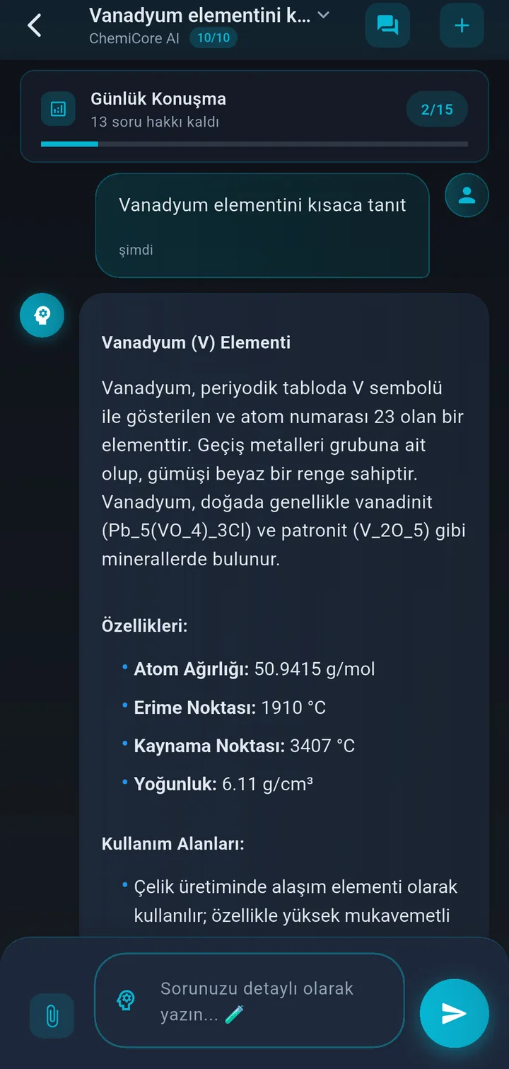 ChemiCore AI asistan ekranı